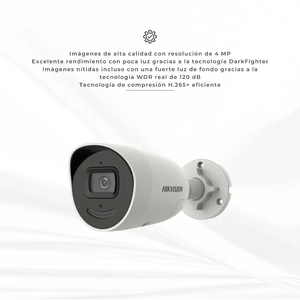 DS-2CD2046G2-IU/SL | Bala IP 4 Megapixel / Lente 2.8 mm / 40 mts IR EXIR / Exterior IP67 / WDR 120 dB / PoE / Micrófono Integrado / ACUSENSE (Evita Falsas Alarmas) / Metal / MicroSD / ONVIF / ACUSEARCH