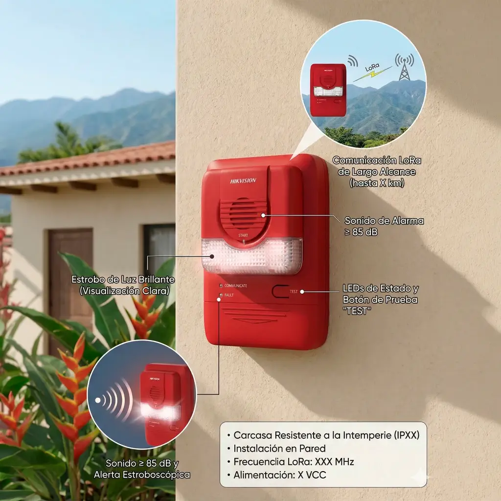 HK-SG-1124 | Alarma de Sonido y Luz / Comunicación LoRa / Alarma ≥ 85 dB / Instalación en Pared