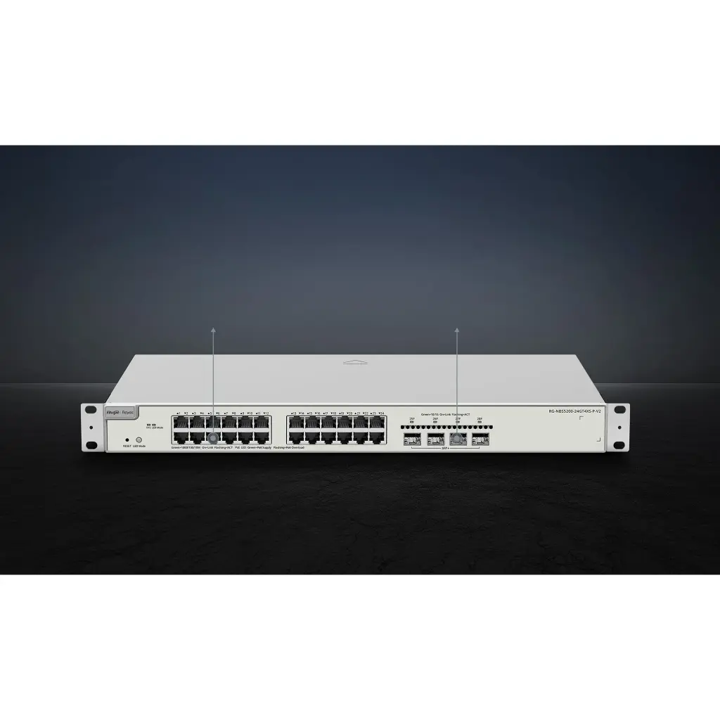 RG-NBS5200-24GT4XS-P-V2 | Switch Administrable Capa 3 con 24 puertos Gigabit PoE 802.3af/at + 4 SFP+ para fibra 10Gb, gestión gratuita desde la nube, 370w