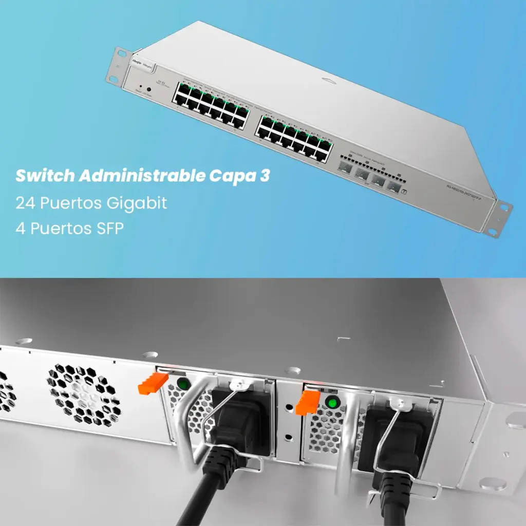 RG-NBS5200-24GT4XS-P-V2 | Switch Administrable Capa 3 con 24 puertos Gigabit PoE 802.3af/at + 4 SFP+ para fibra 10Gb, gestión gratuita desde la nube, 370w