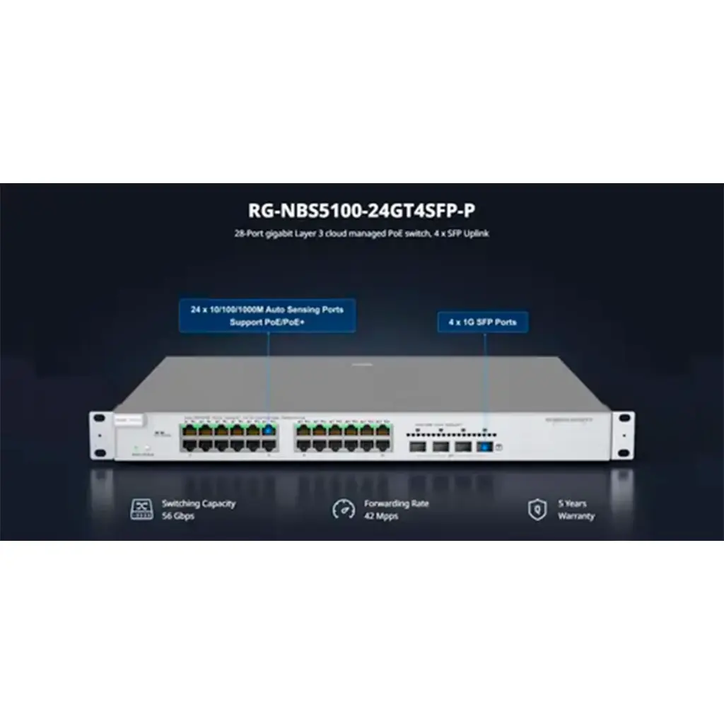 RG-NBS5100-24GT4SFP | Switch de Capa 3 No-PoE de 28 Puertos Gigabit, 24 Puertos 10/100/1000Base-T y 4 Puertos SFP Uplink