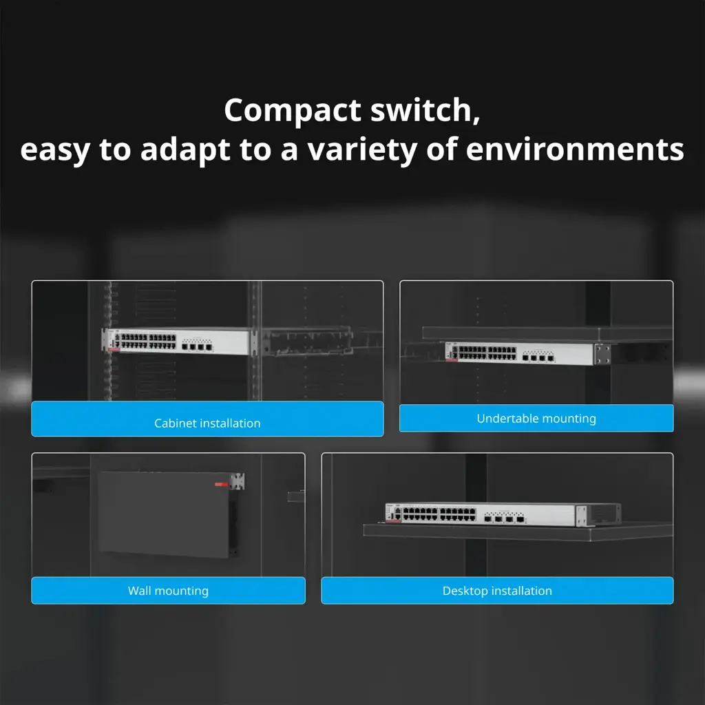 RG-CS83-24GT4XS-P | Switch Administrable Capa 3 de 24 puertos Gigabit 802.3af/at con 4 puertos SFP+ para Fibra Óptica de 10G, hasta 405 watts, gestión gratuita desde la nube