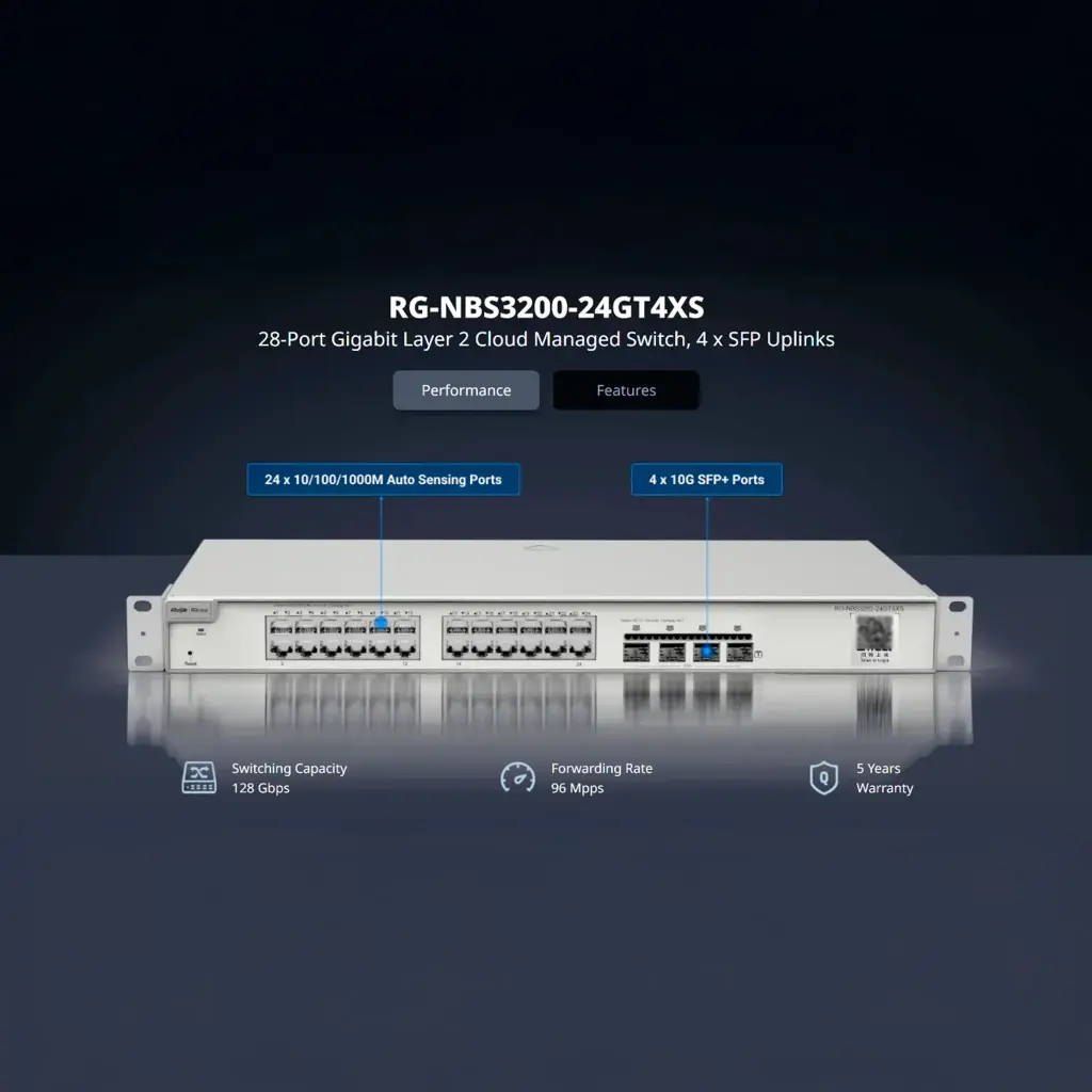 RG-NBS3200-24SFP/8GT4XS | Switch Gigabit de 24 puertos con 8 puertos RJ45 combinados Switch administrado de capa 2, 4 * 10G