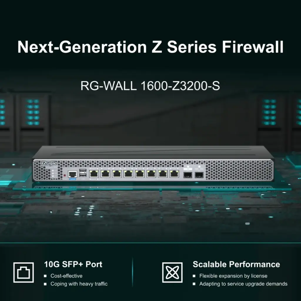 RG-WALL1600-Z3200-S | FIREWALL 8 PUERTOS GIGABIT ETHERNET + 1 PUERTO SFP 10  GIGABIT 1RU INCLUYE FUENTE DE  ALIMENTACION RUIJIE + LICENCIA PARA FIREWALL AUTORIZACION DEL  PAQUETE DE FUNCIONES DE FIREWALL RUIJIE